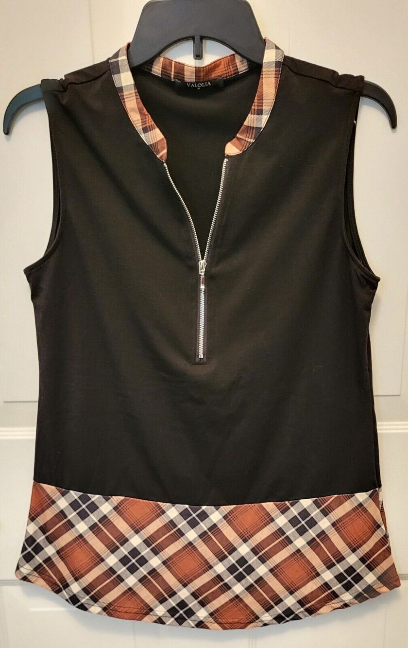 Valolia Women's Size Medium Black and Brown Plaid Sleeveless Shirt 1/4 Zip